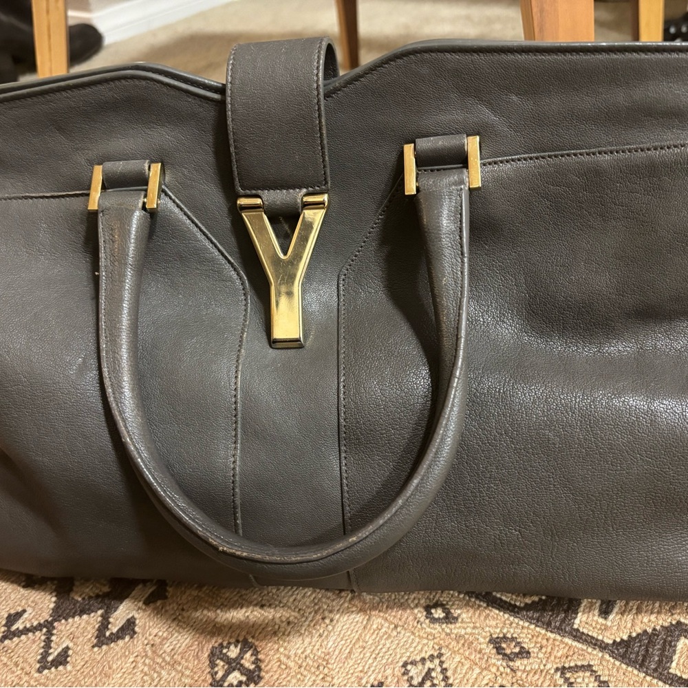 Yves Saint Laurent Gray Tote Bag with Gold Accents